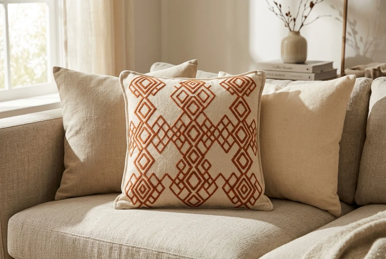 The same cushion styled on a linen sofa
