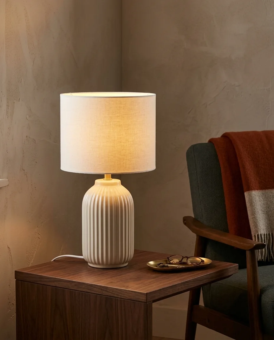 Eine Lampe in einer eingerichteten Zimmerecke, fertig zum Veröffentlichen