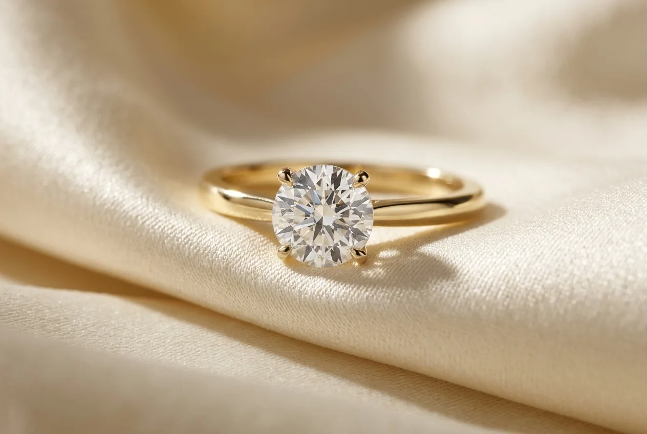 The same ring resting on ivory silk