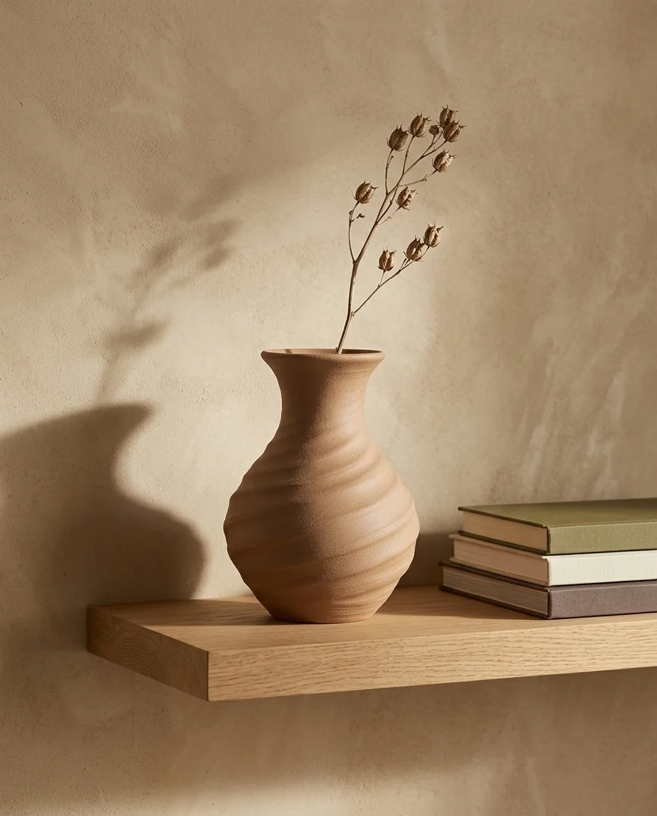 The same vase on an oak shelf with a dried stem
