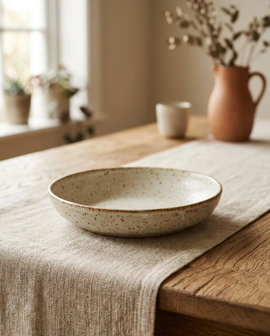 Un bol en grès sur une table à manger