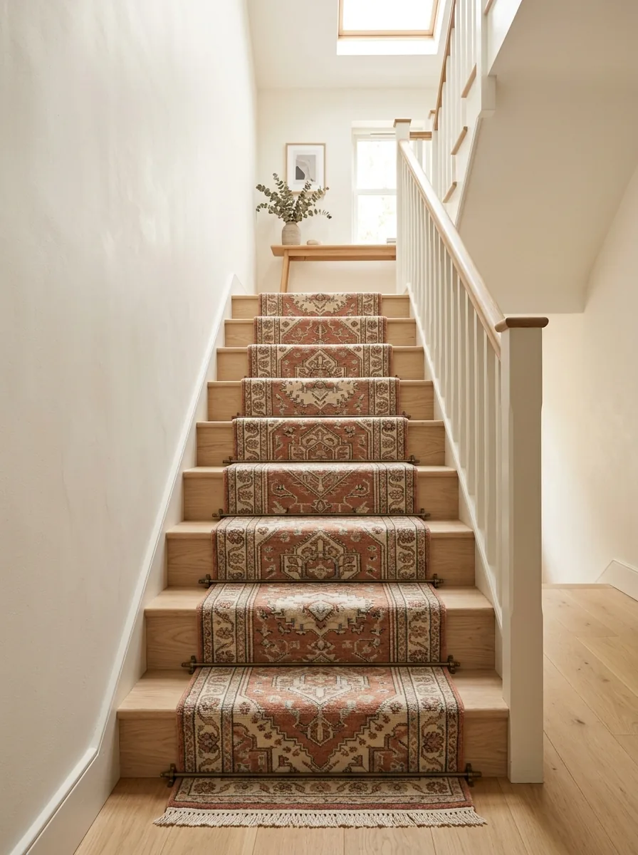 A patterned runner rug on a staircase