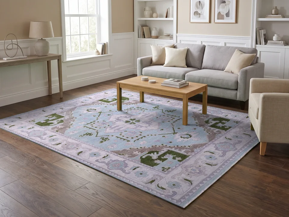 A blue and green rug placed in a prepared living room