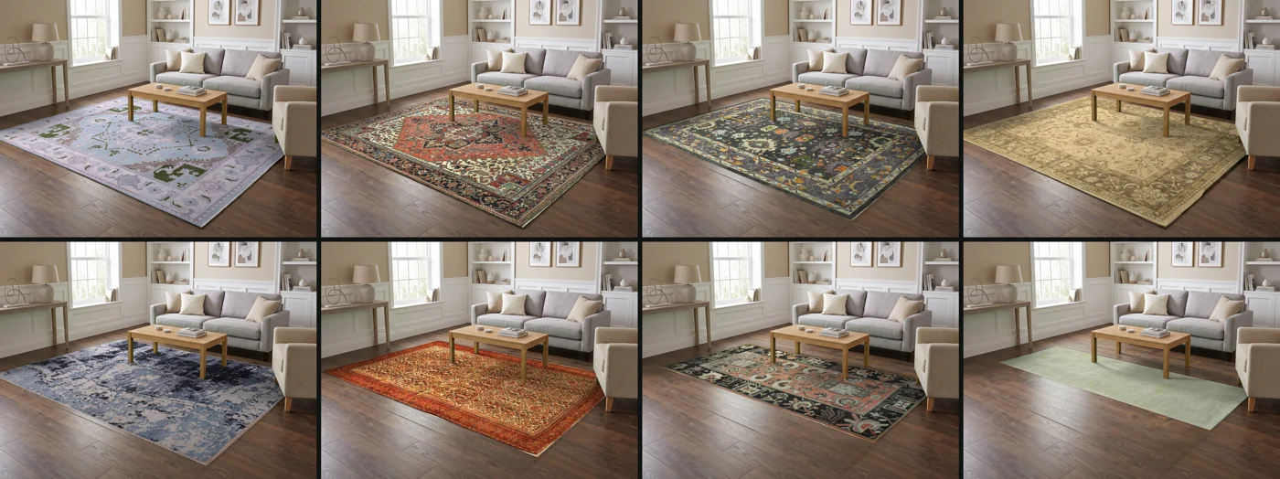 Eight rugs from one batch, shown in the same room