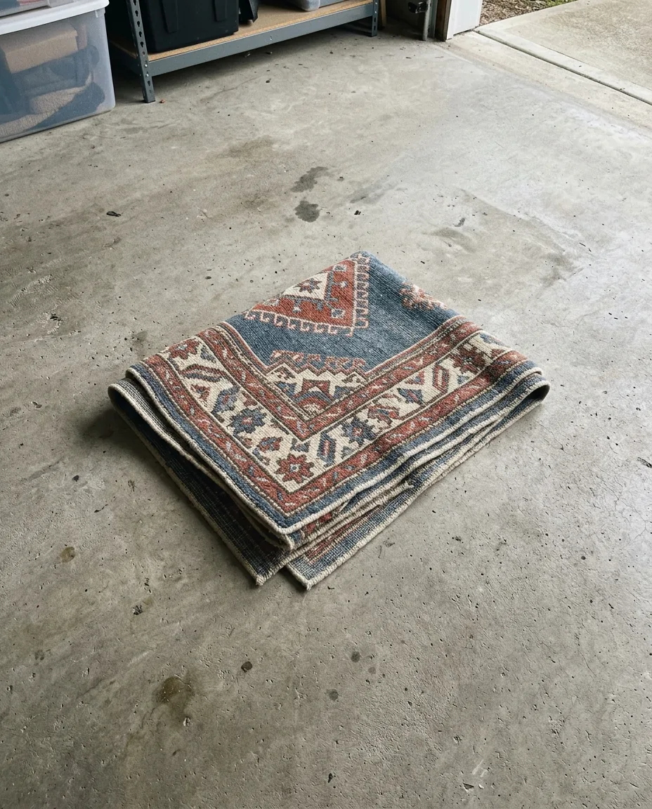 عکس ساده گوشی از فرش تاشده روی کف انبار