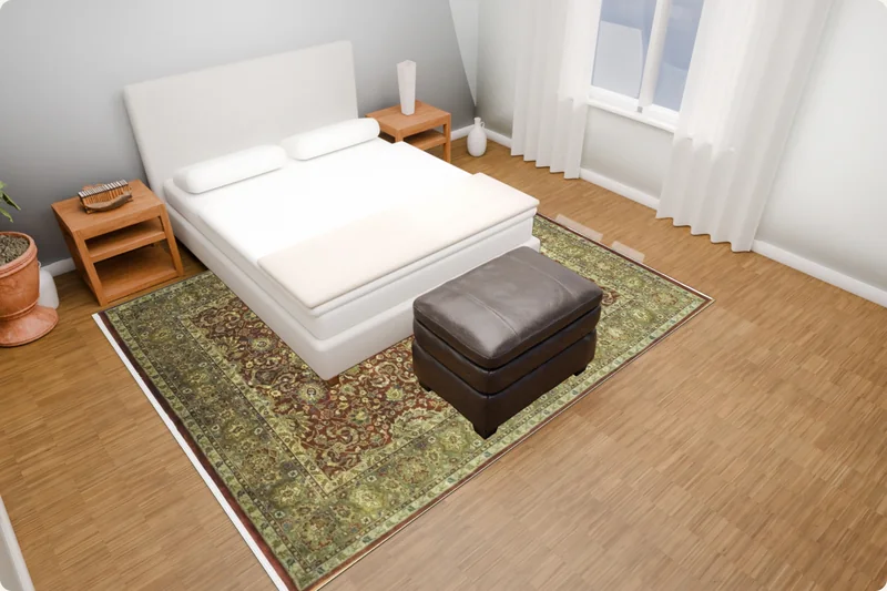 Ein grüner 8 x 10 Teppich unter dem Bett im Schlafzimmer