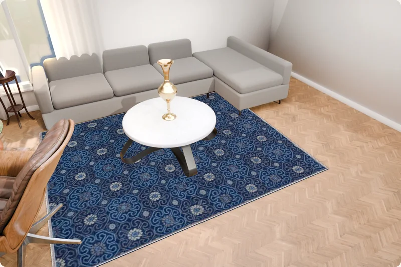Ein blauer moderner 8 x 10 Teppich im modernen Wohnzimmer
